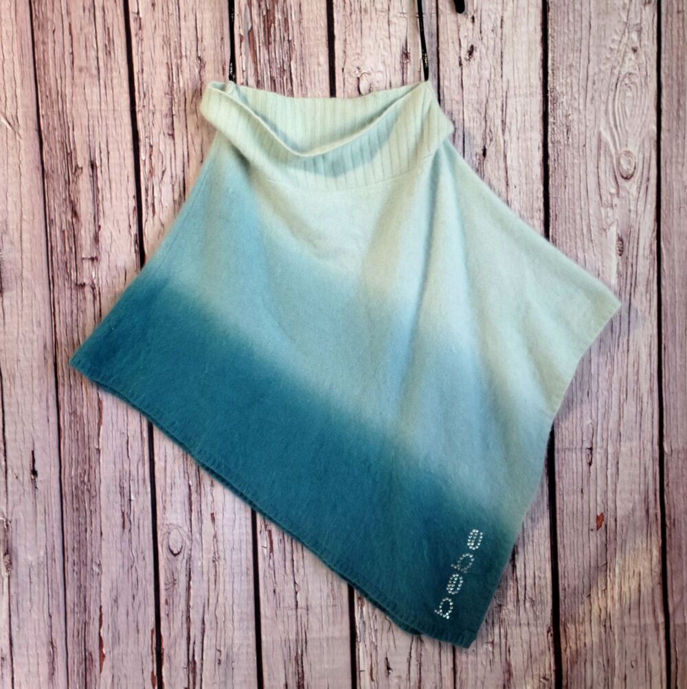 bebe Ombre Poncho Topper Y2K VTG Blue Sparkling Rhinestone Logo One Size Angora